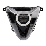 Motorcycle headlight with black and clear design on a white background